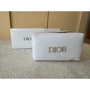 Dior White Velvet Makeup Pouch / Cosmetic Case – Gold Logo – With Box